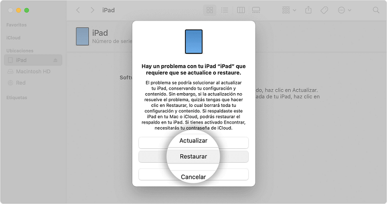 Haz clic en Restaurar para continuar con la restauración del iPad con iTunes