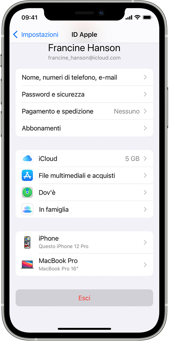 Tocca “Esci” per uscire dal tuo account