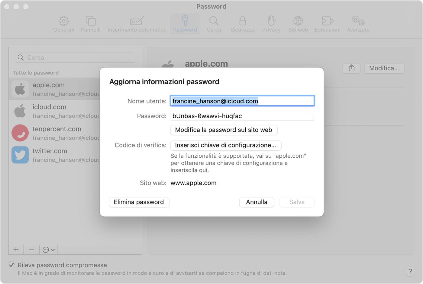 Qui puoi aggiornare le informazioni della password