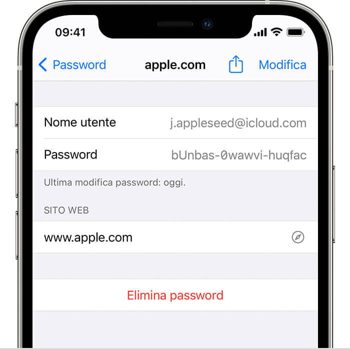 Dopo aver selezionato Apple.com puoi visualizzare la password