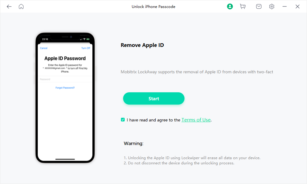 Mobitrix LockAway Click Start to Remove Apple ID