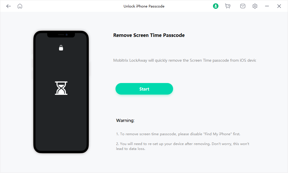 Mobitrix LockAway - スクリーンタイムのロックを解除 - パスコードを削除するには開始をクリック