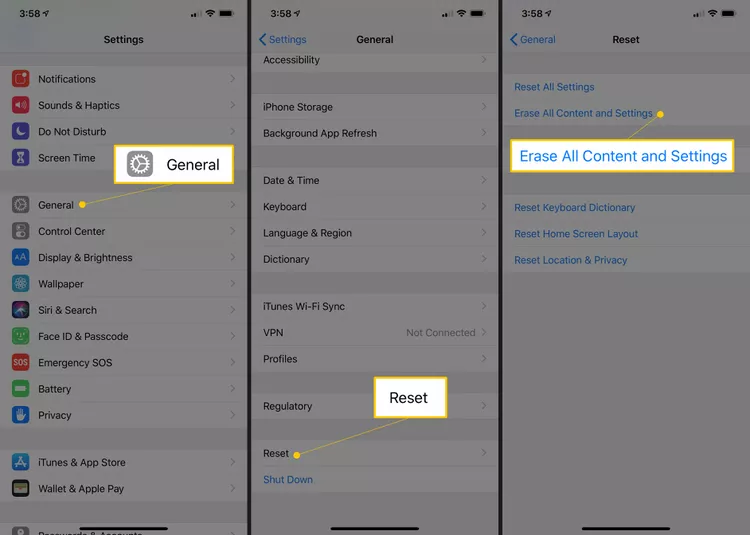 Factory reset iPhone via Settings