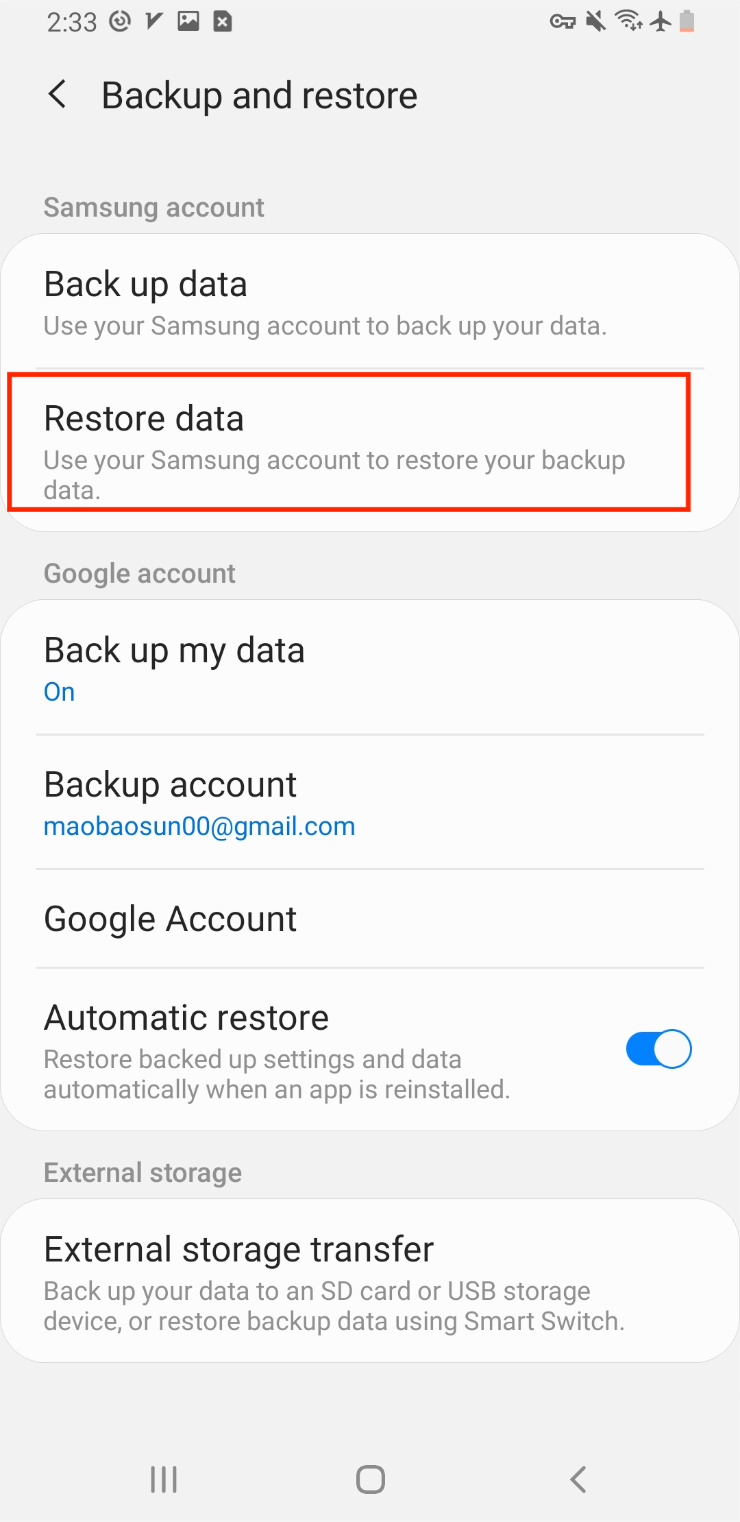 Restore WhatsApp via Smsung account