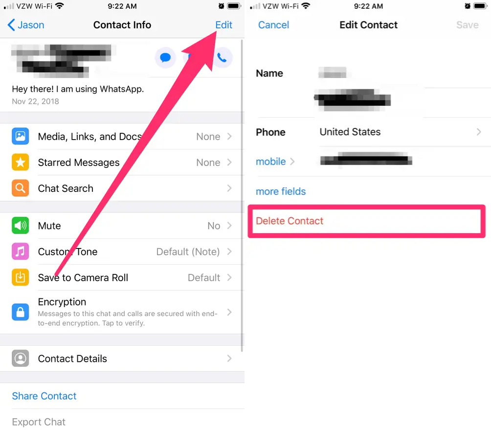 Delete WhatsApp Contact on iPhone