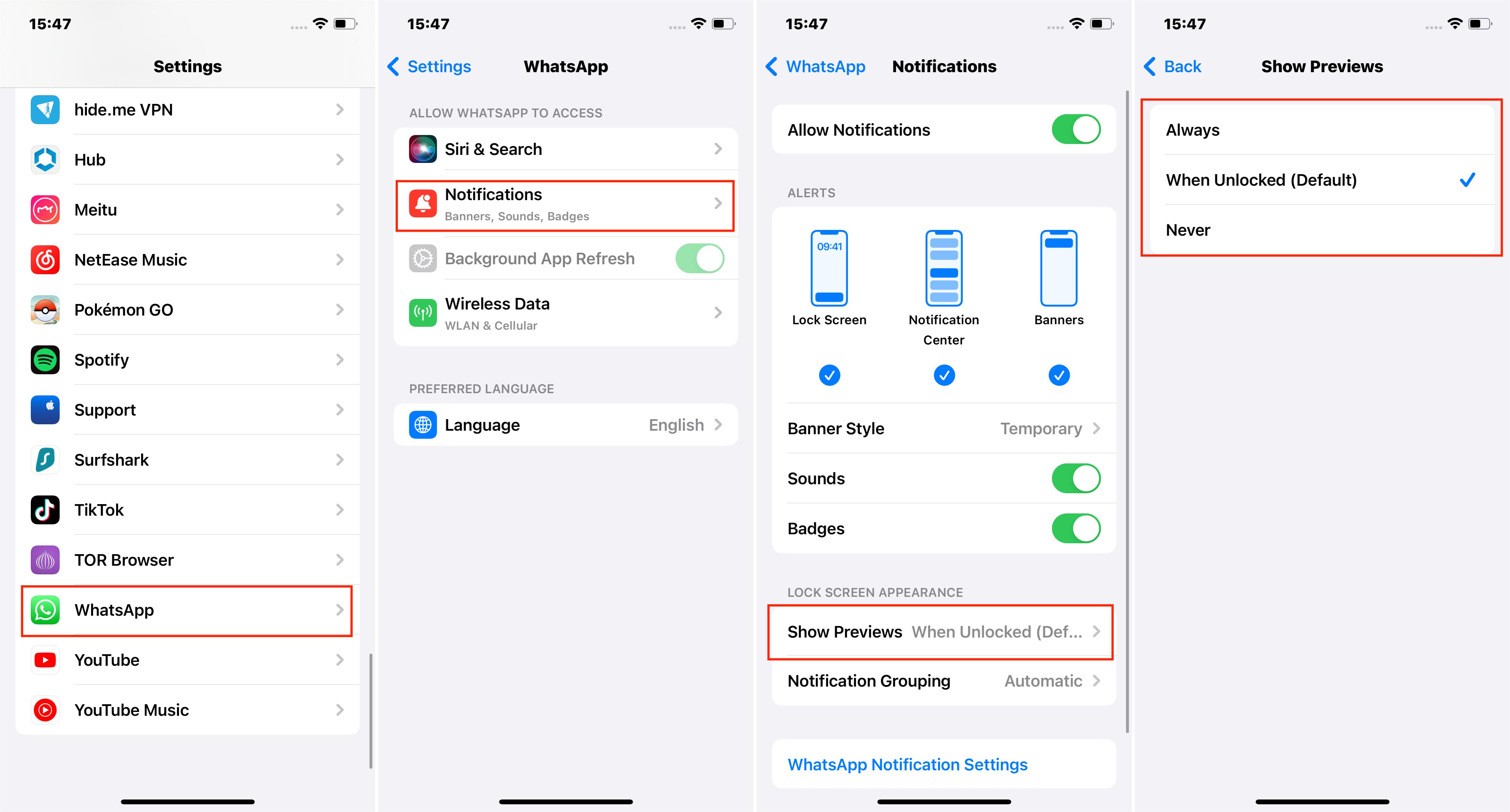 Enable Show WhatsApp Notifications Previews in iPhone Settings