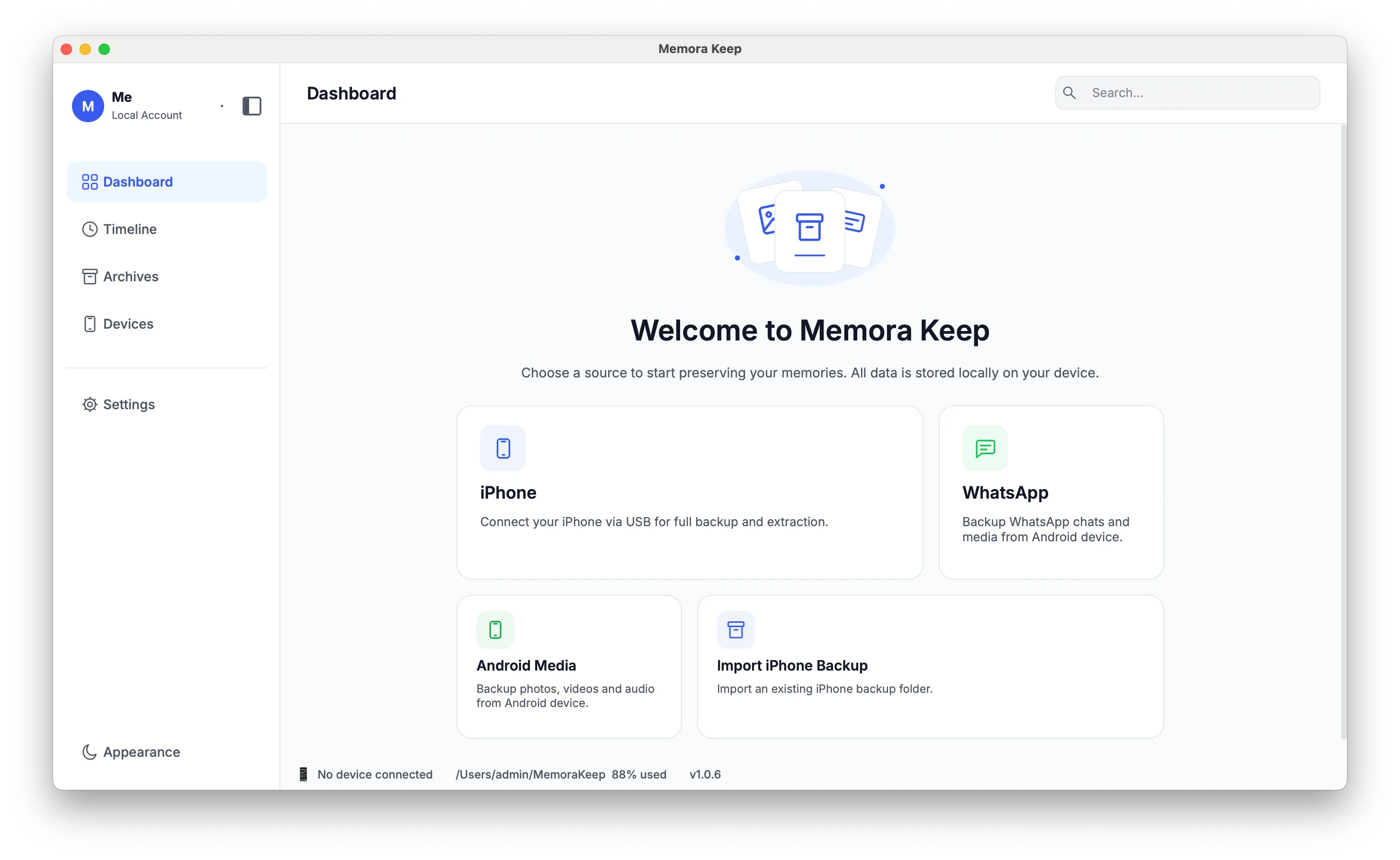 MemoraKeep dashboard showing a phone backup archive stored on a computer