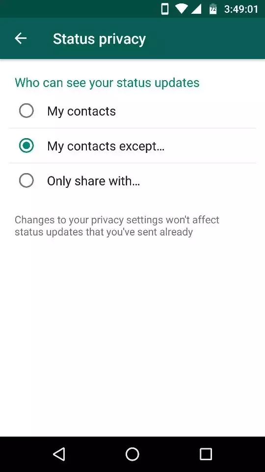 My Contacts Except Settings on WhatsApp