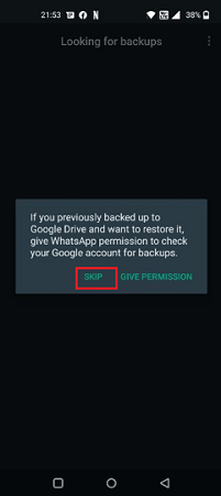 skip restore WhatsApp backup from google drive