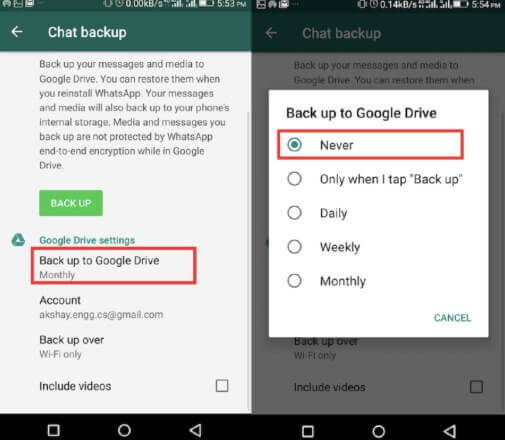 stop whatsapp backup on android