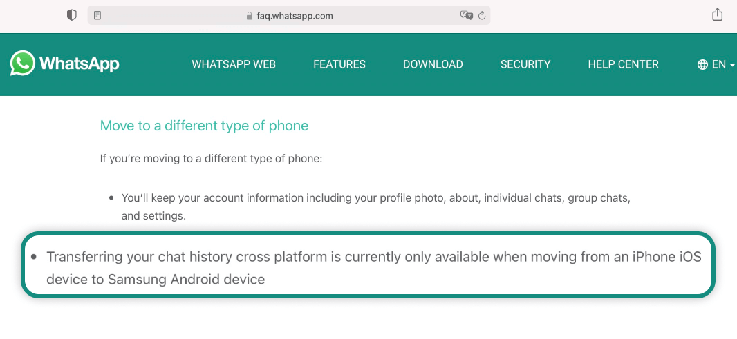Can't transfer WhatsApp chat history officially