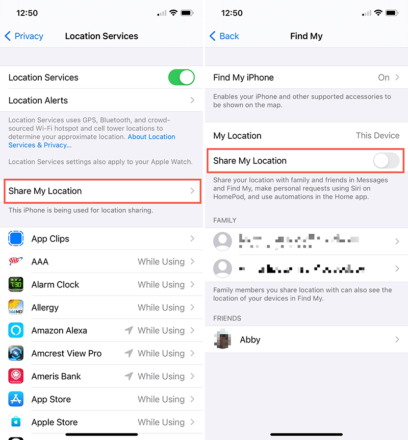 Turn off Share My Location on iPhone via settings