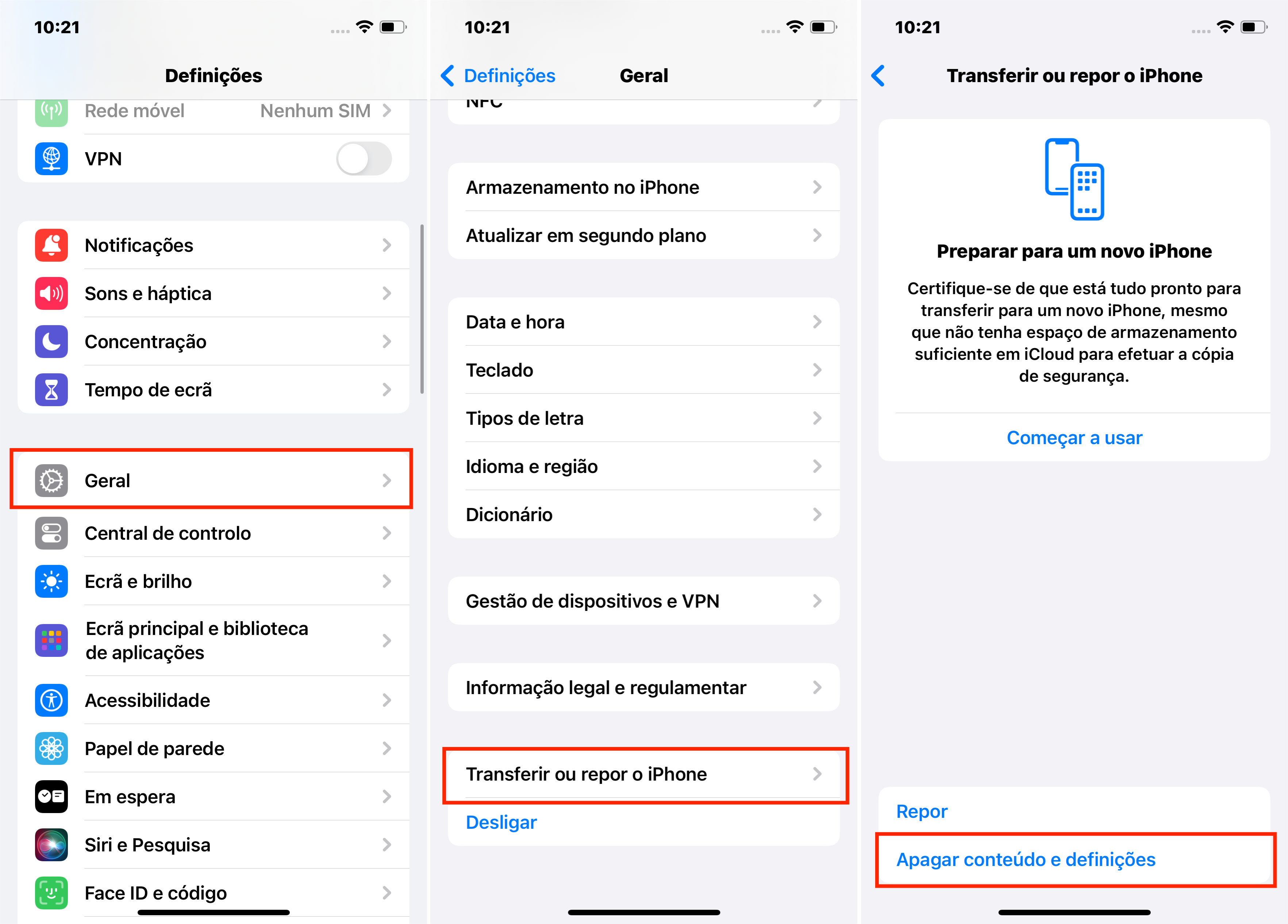 Apagar todo o conteúdo e configurações no iPhone