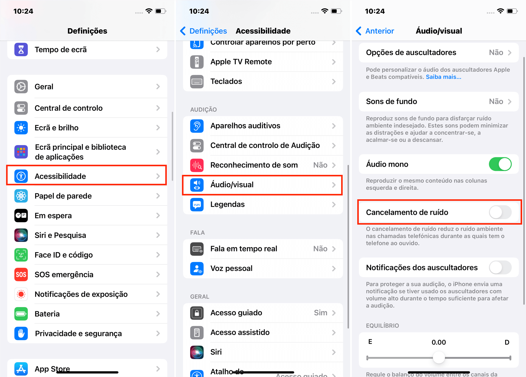 Desligar cancelamento de ruído nas configurações do iPhone