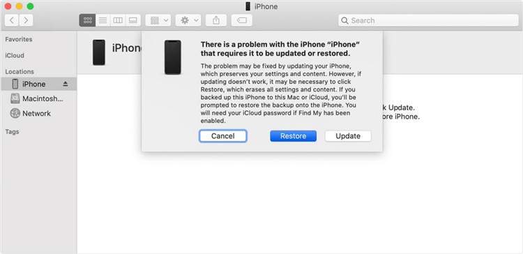 Option to restore or update iPhone on iTunes