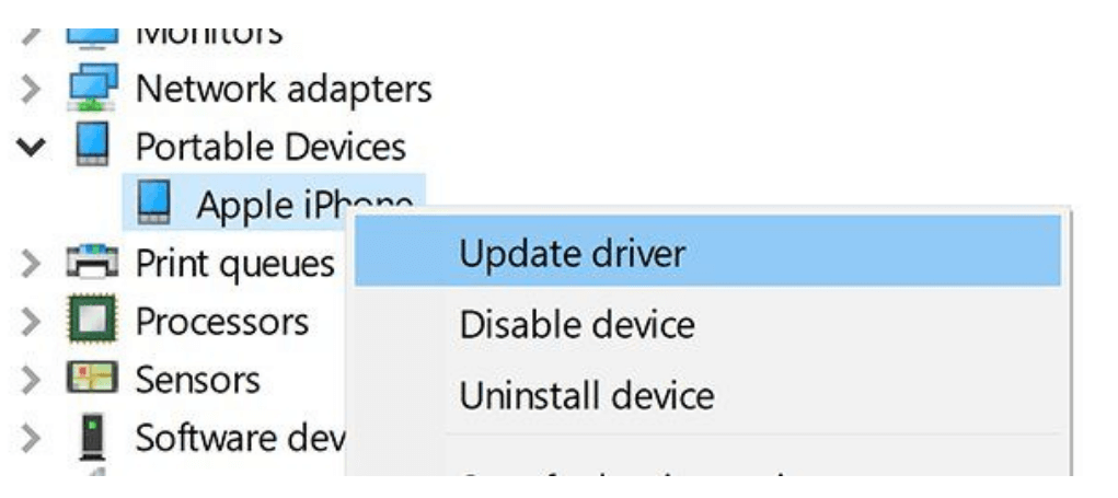 do not see iphone in itunes update driver