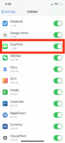 Enable cellular data for FaceTime.