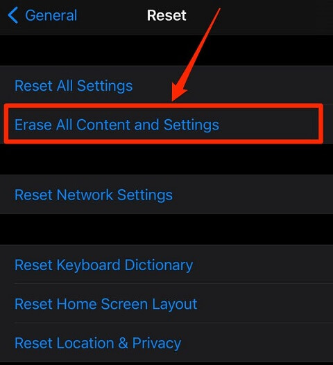 factory reset iPhone via settings