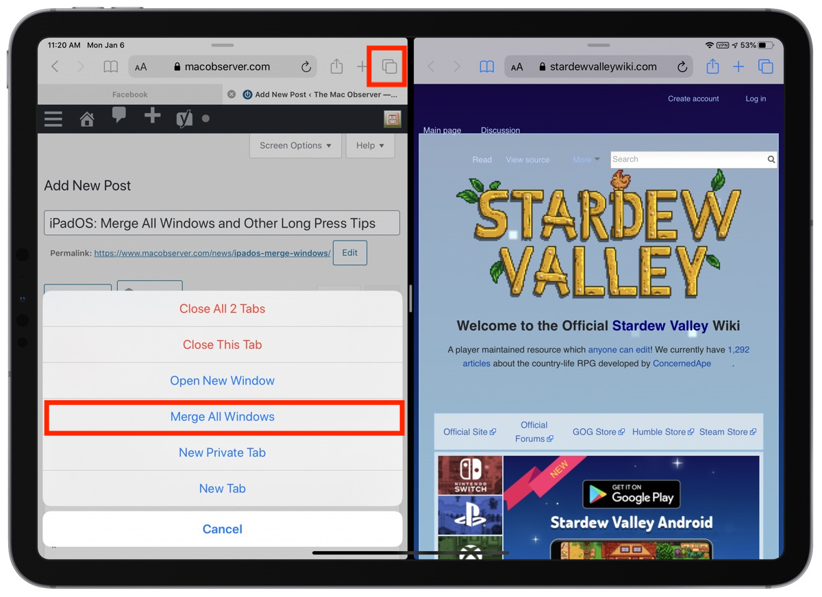 Merge All Tabs or Windows in Safari Browser on iPad