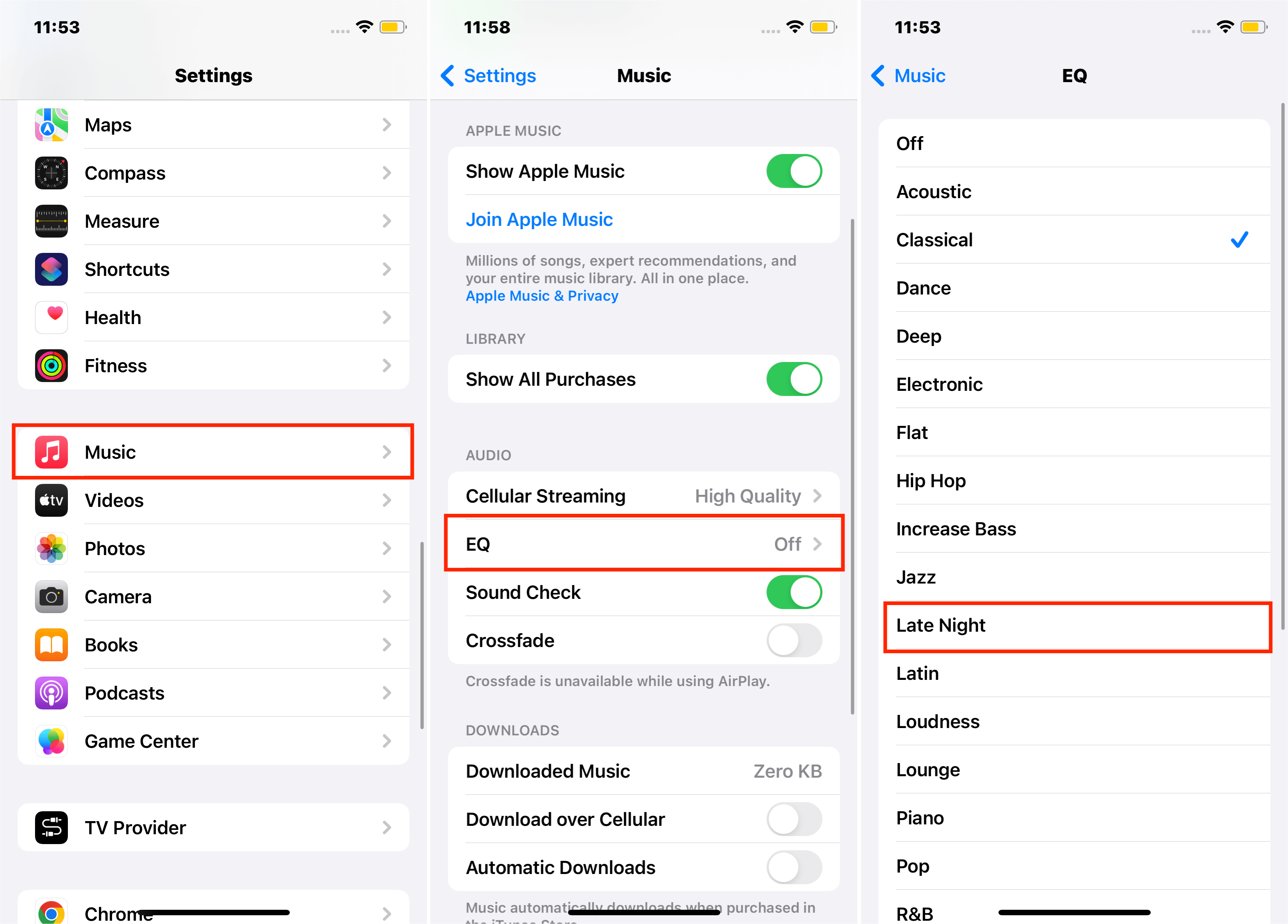 Choose Late Night for EQ in Music Settings