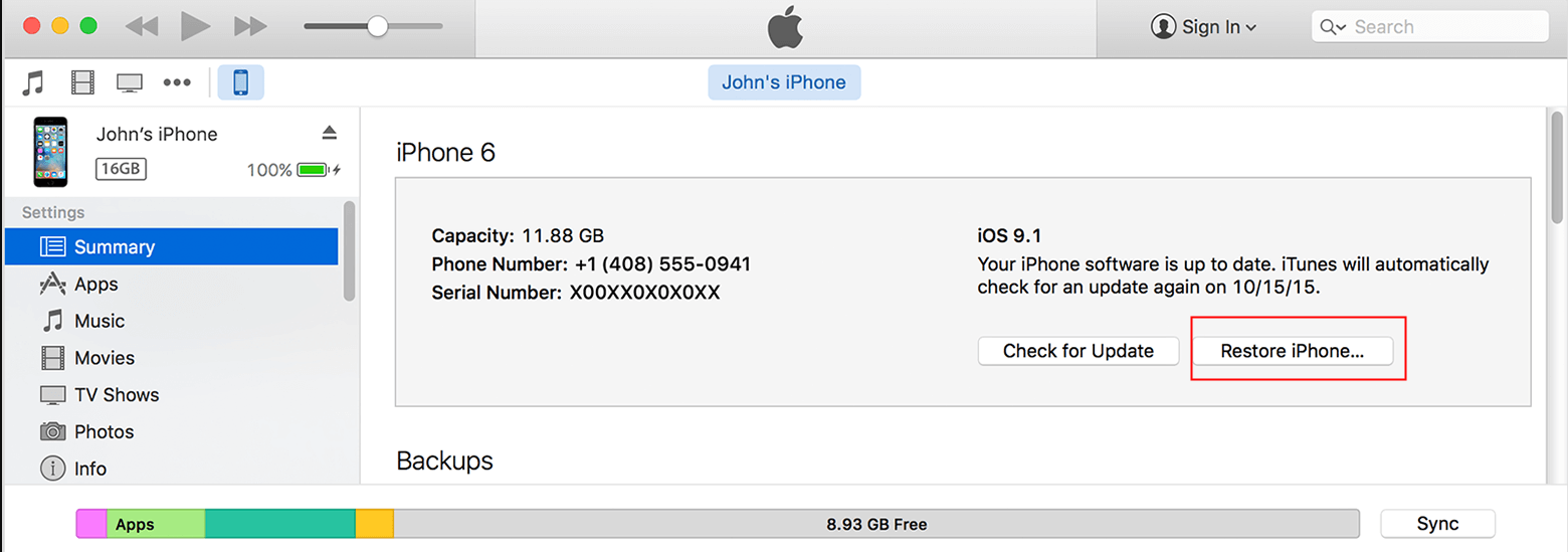iTunes Click Restore iPhone