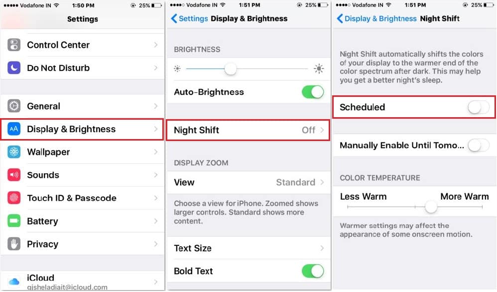Switch off Night Shift via Settings
