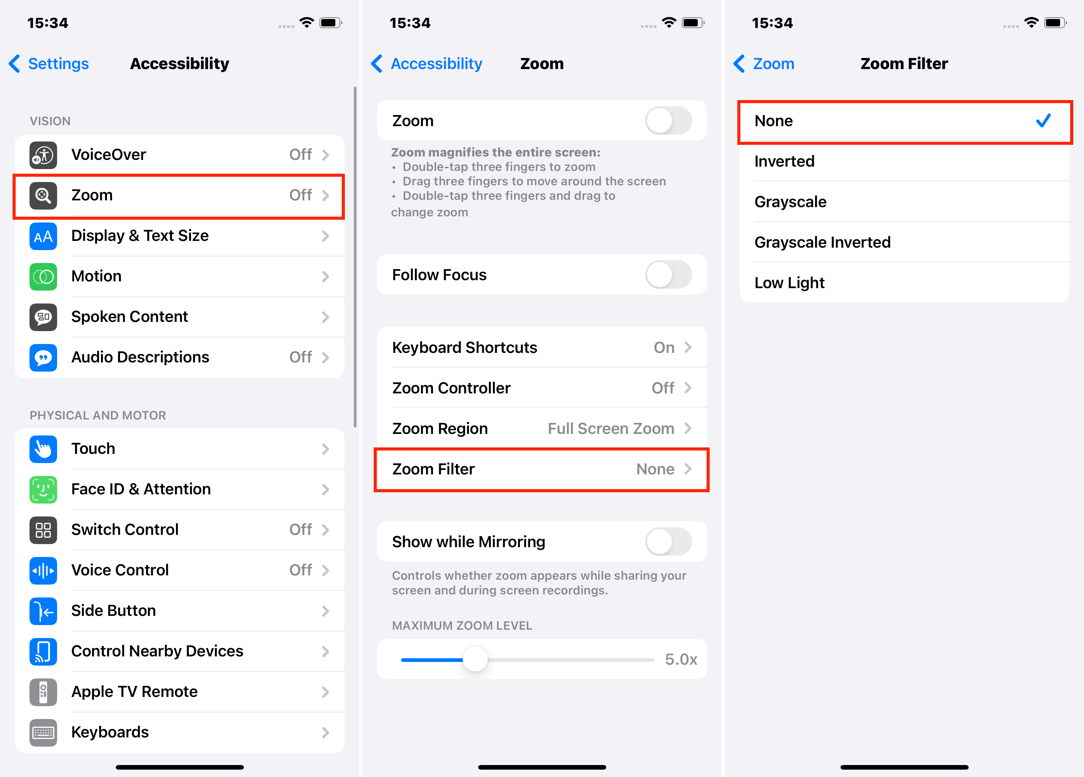 Turn Off Grayscale Mode on iPhone Via Zoom Filter Settings