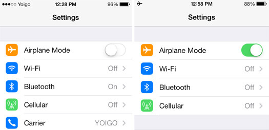 Turn on and off the airplane mode