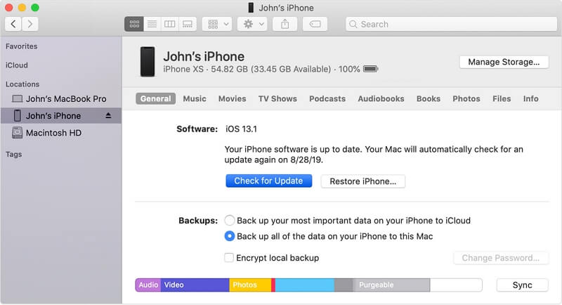 Checking for iPhone Update on Finder