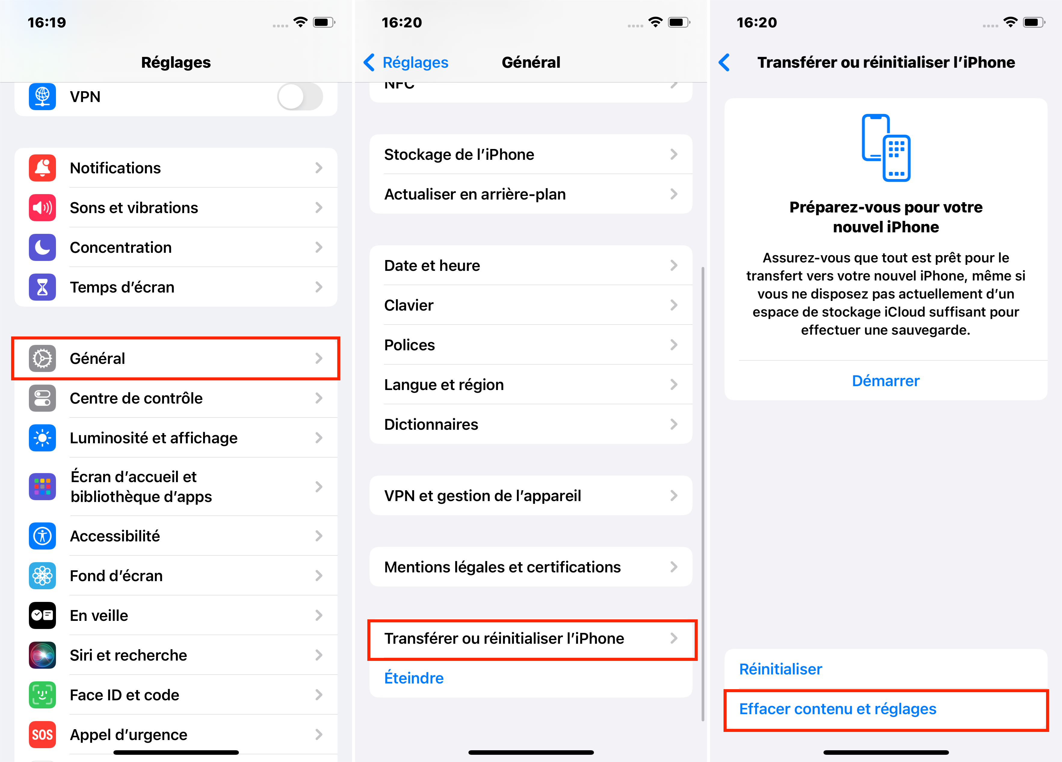 Effacer tout le contenu et les réglages sur l'iPhone