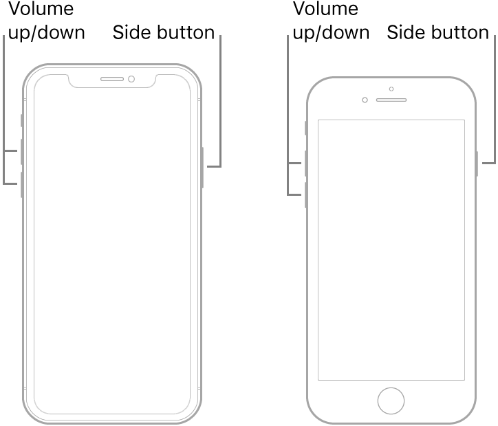 iPhone 8シリーズ以降のiPhoneモデルの強制再起動用ボタン