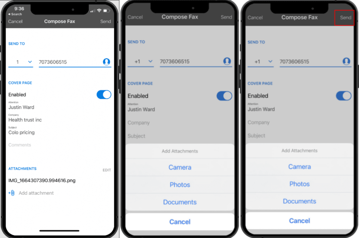 eFax Add Documents and Press Send