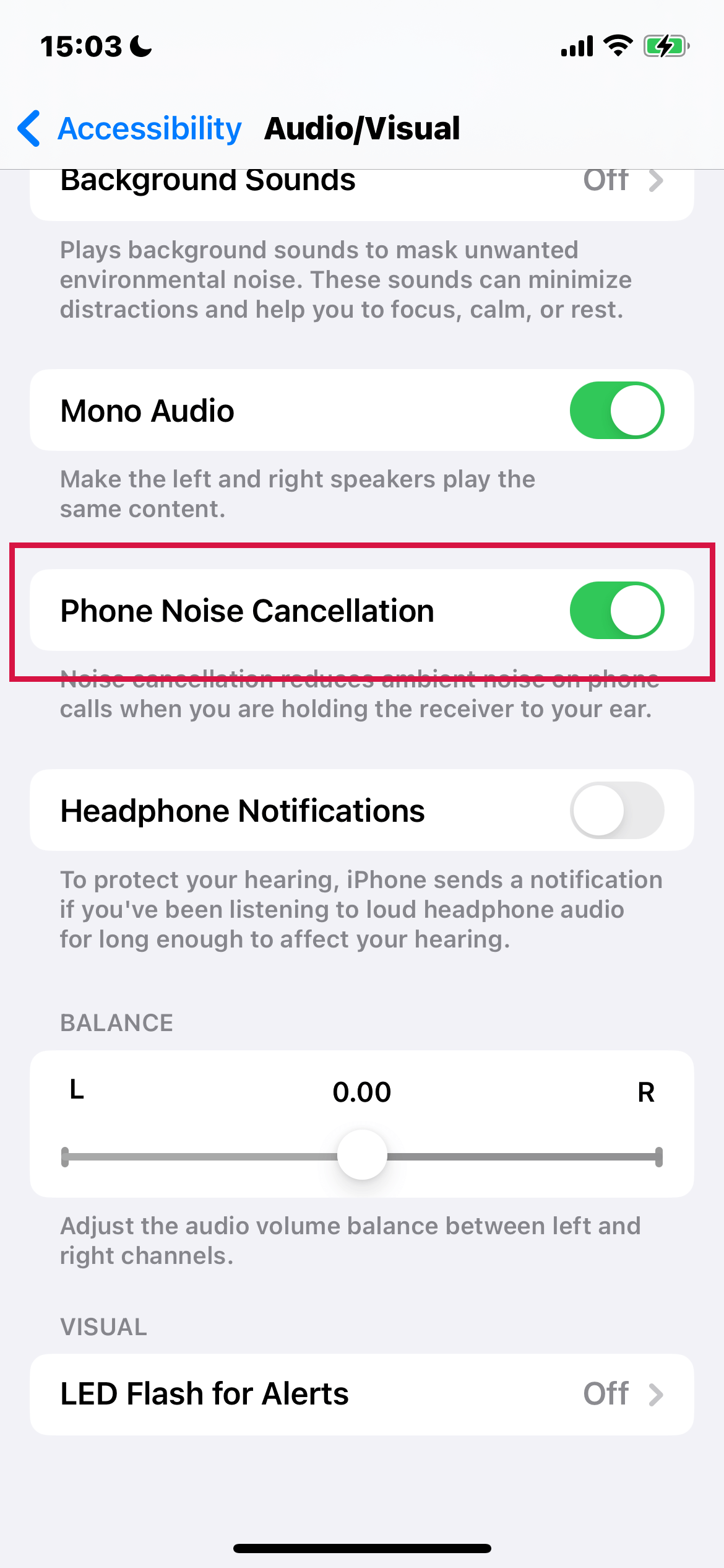 Iphone Accessibility Audio And Visual Phone Noise Cancellation On