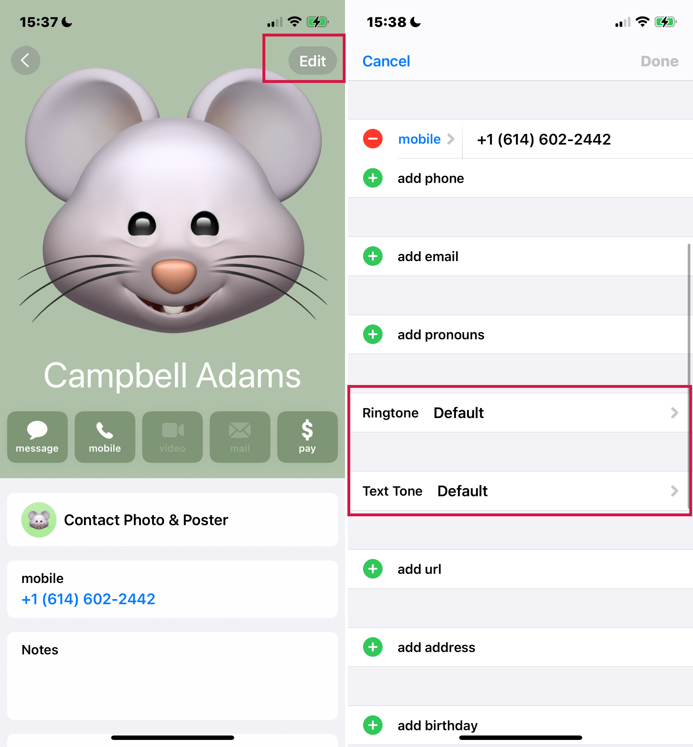 Iphone Contacts App Contact Edit Ringtone And Text Tone Default