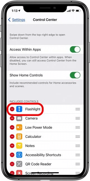 Control Centre Interface Showing Flashlight With the Controls