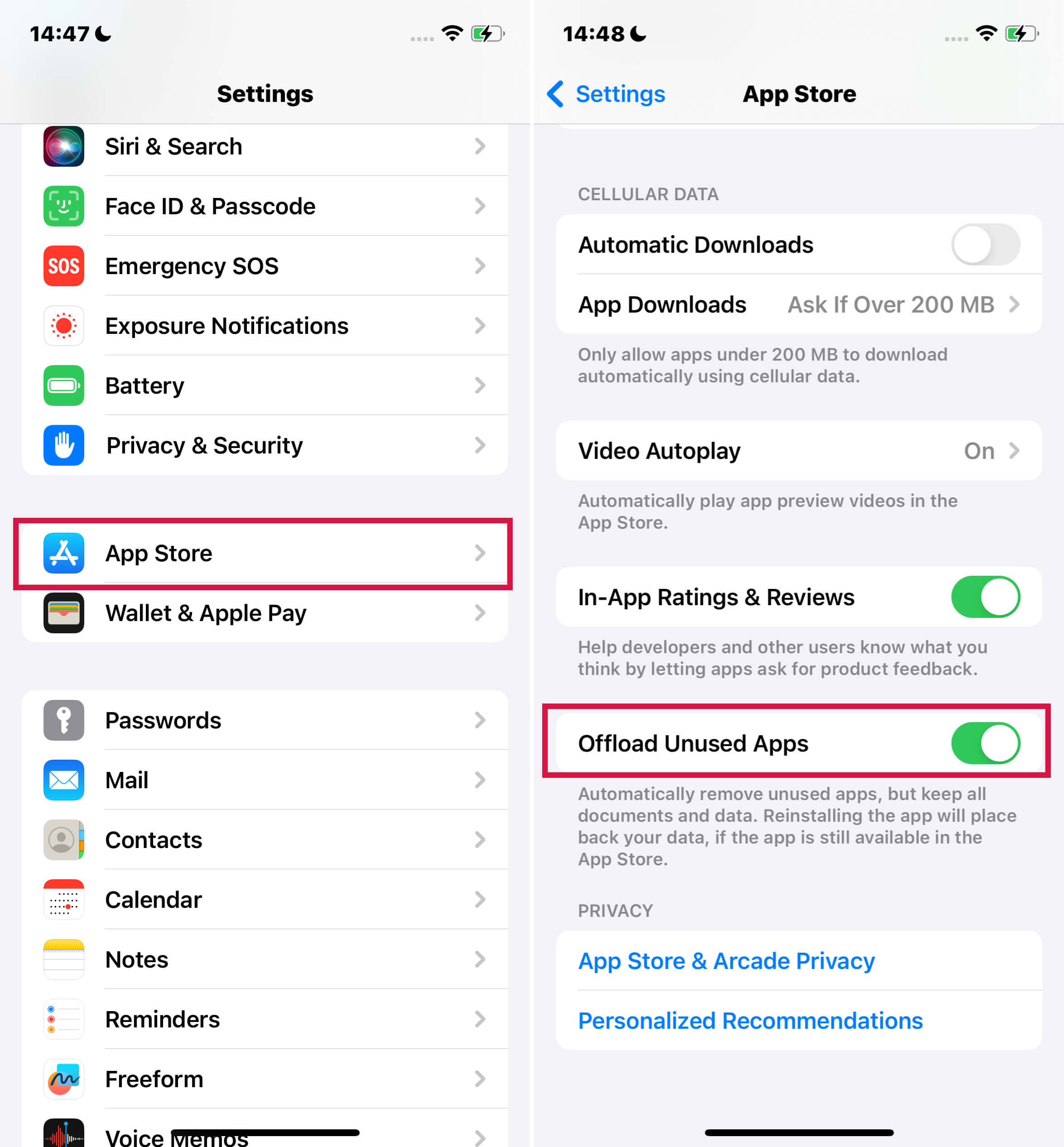 Iphone Settings App Store Automatic Offloading Of Unused Apps On
