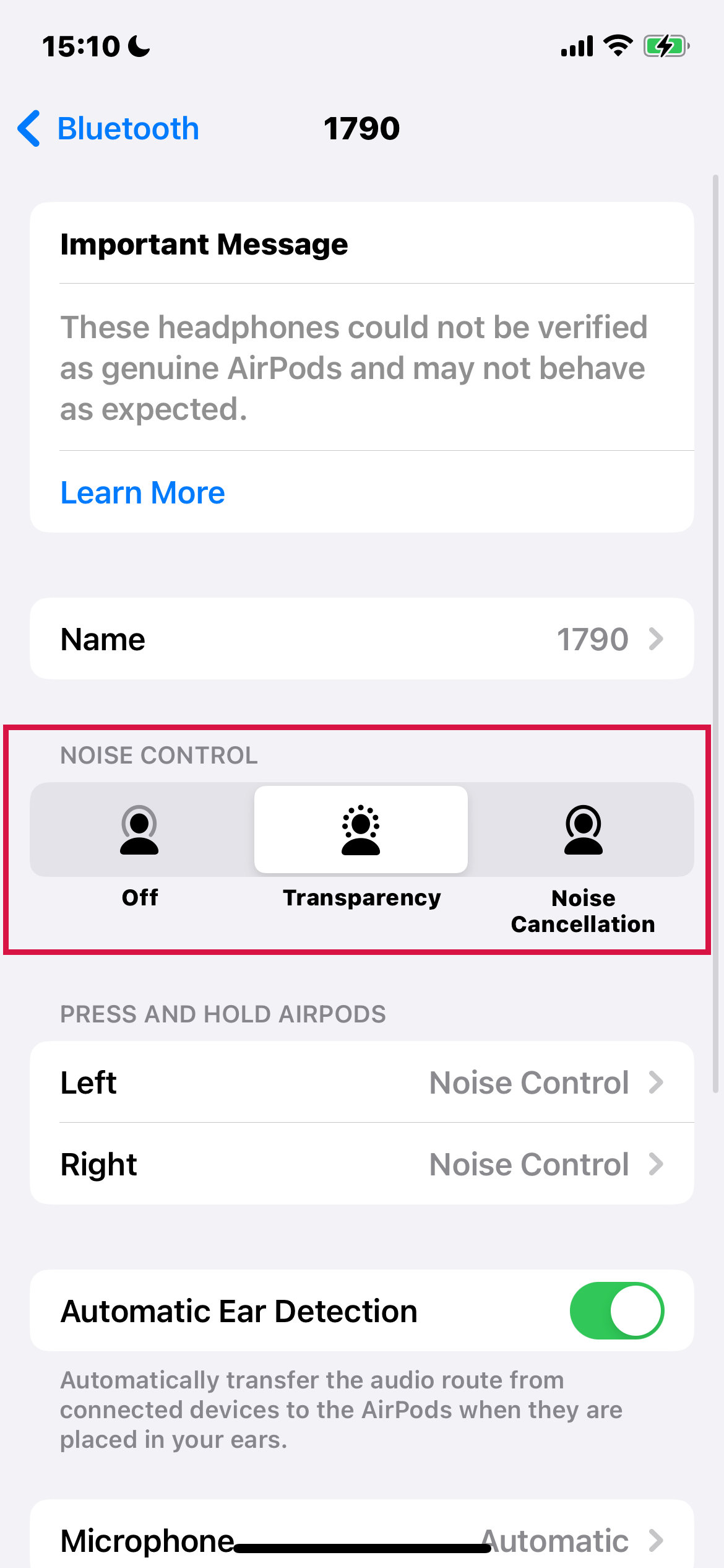 Iphone Settings Bluetooth Noise Control