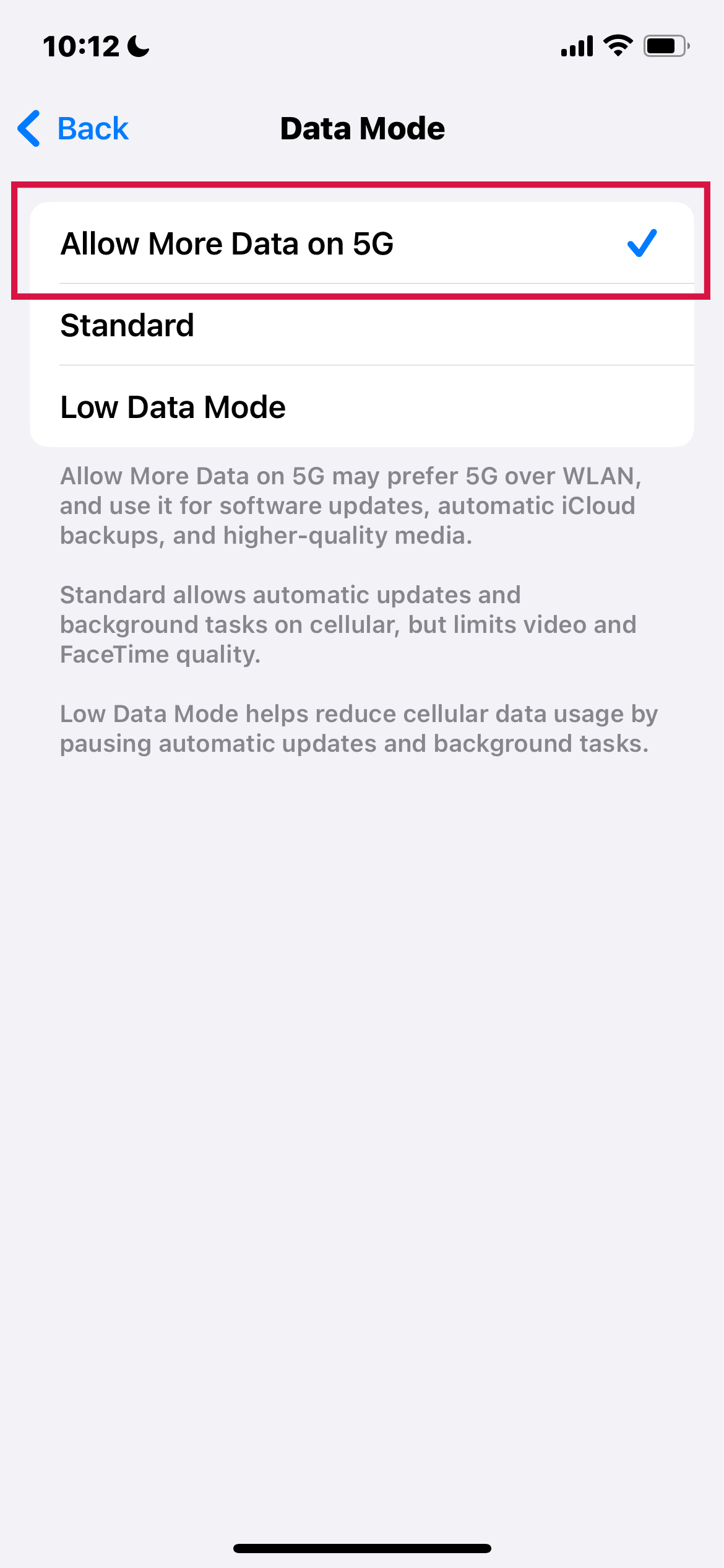 Iphone Settings Data Mode Allow More Data On 5g