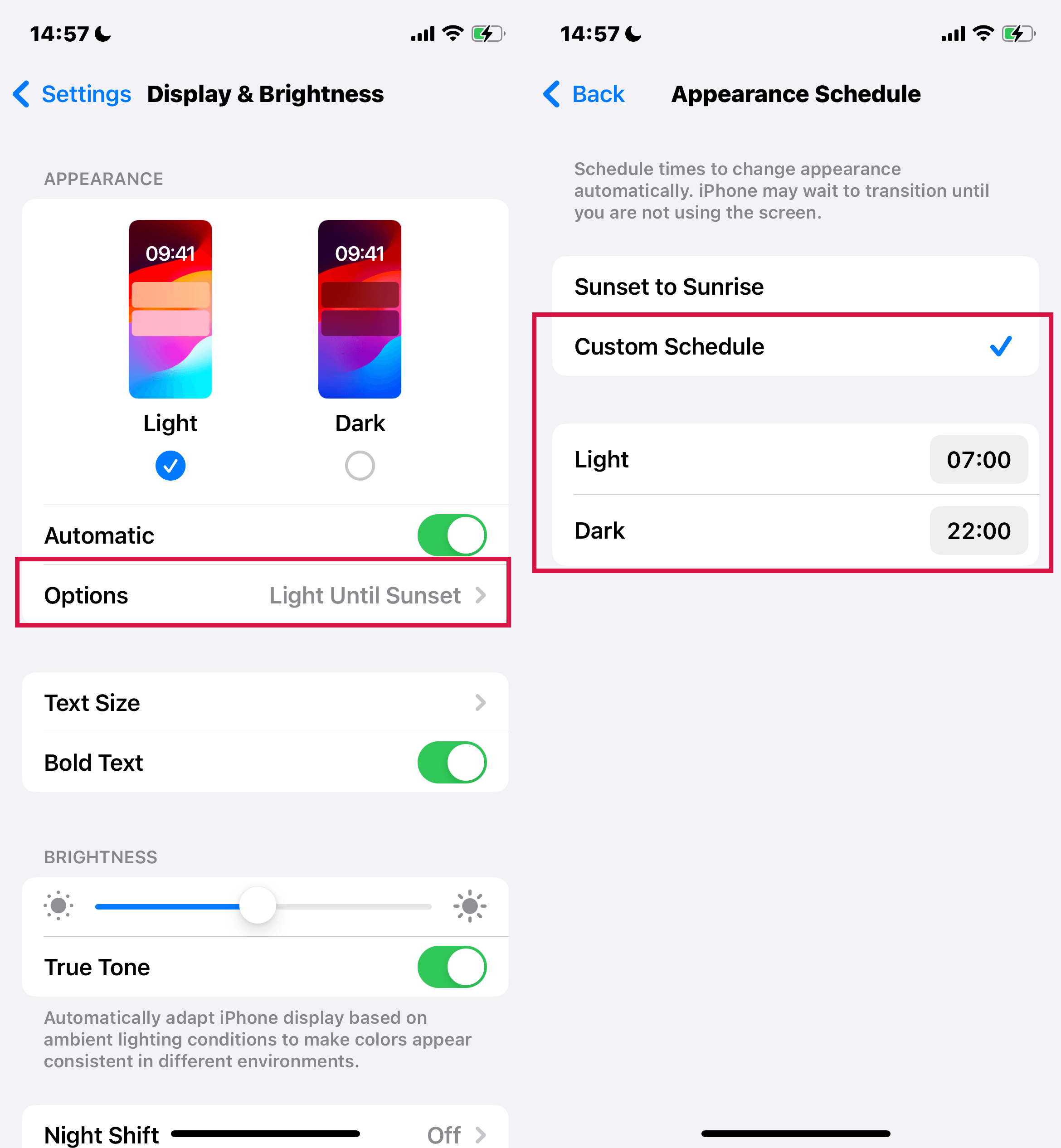 Iphone Settings Display And Brightness Automatic Options Custom Schedule