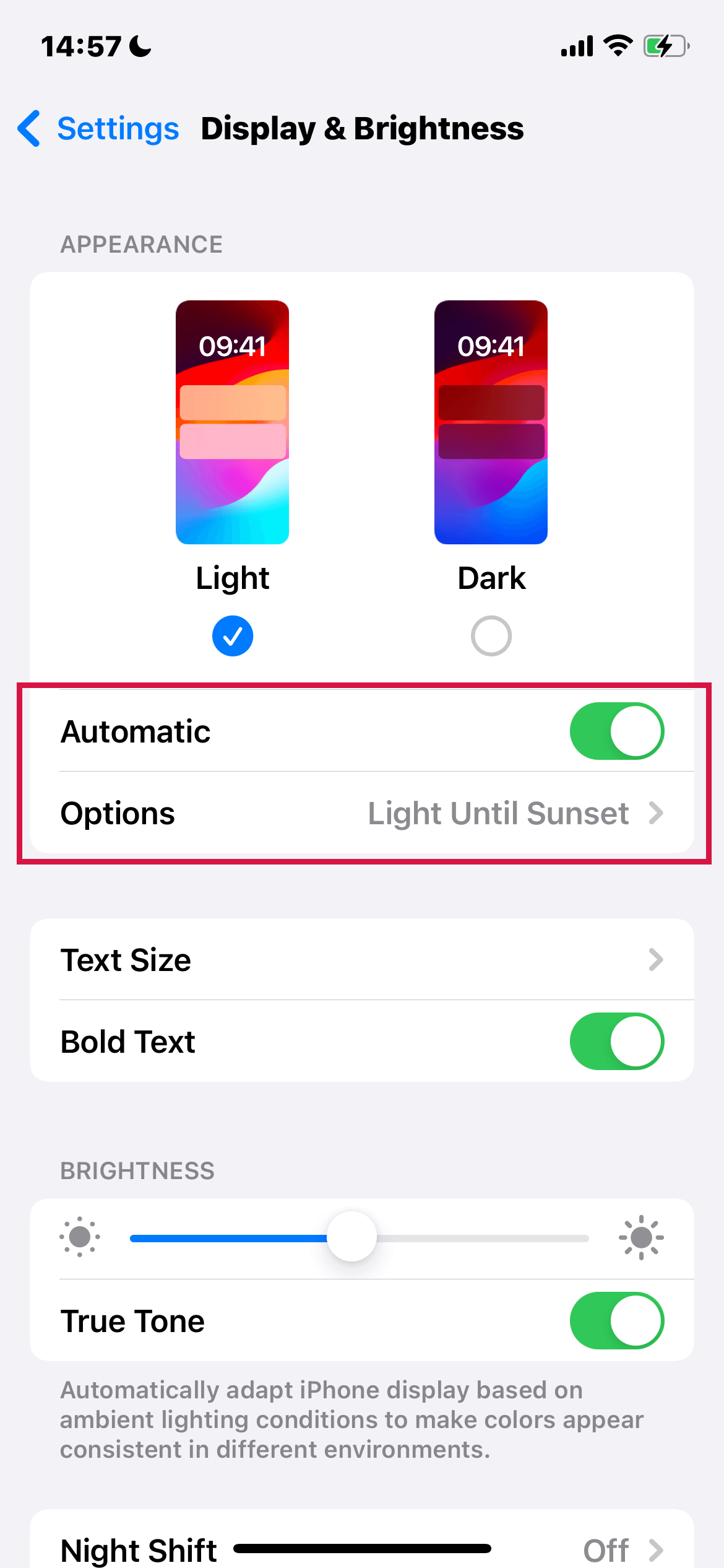 Iphone Settings Display And Brightness Automatic Options
