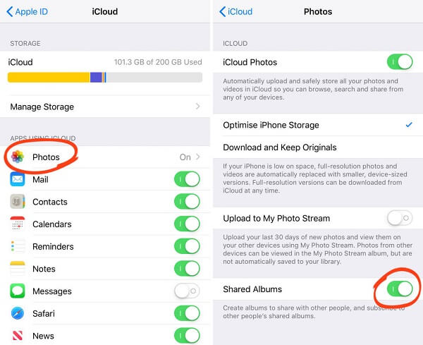 Shared Albums via iCloud on iPhone Settings