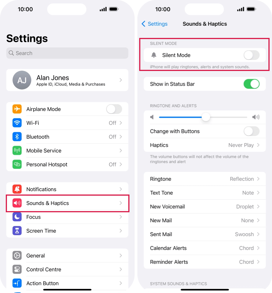 Iphone Settings Sounds Haptics Silent Mode Off