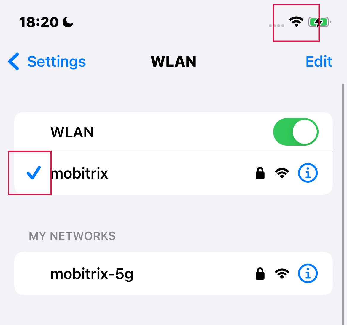 Iphone Settings Wlan On Mobitrix Selected