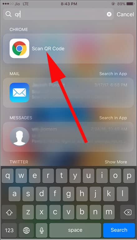 Tap Scan QR Code via Spotlight Search
