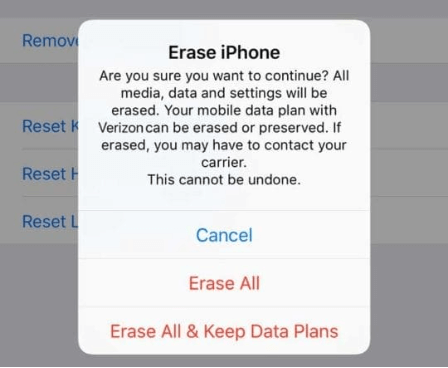  iPhone with Esim Erase Options in Settings Reset App