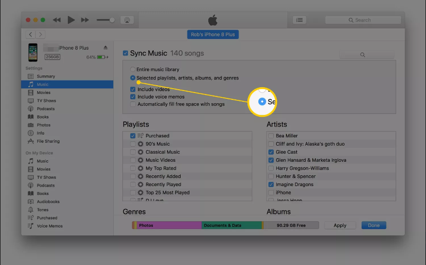 Itunes In Macos Highlighting Sync Of Selected Playlists Artists Albums And Genres