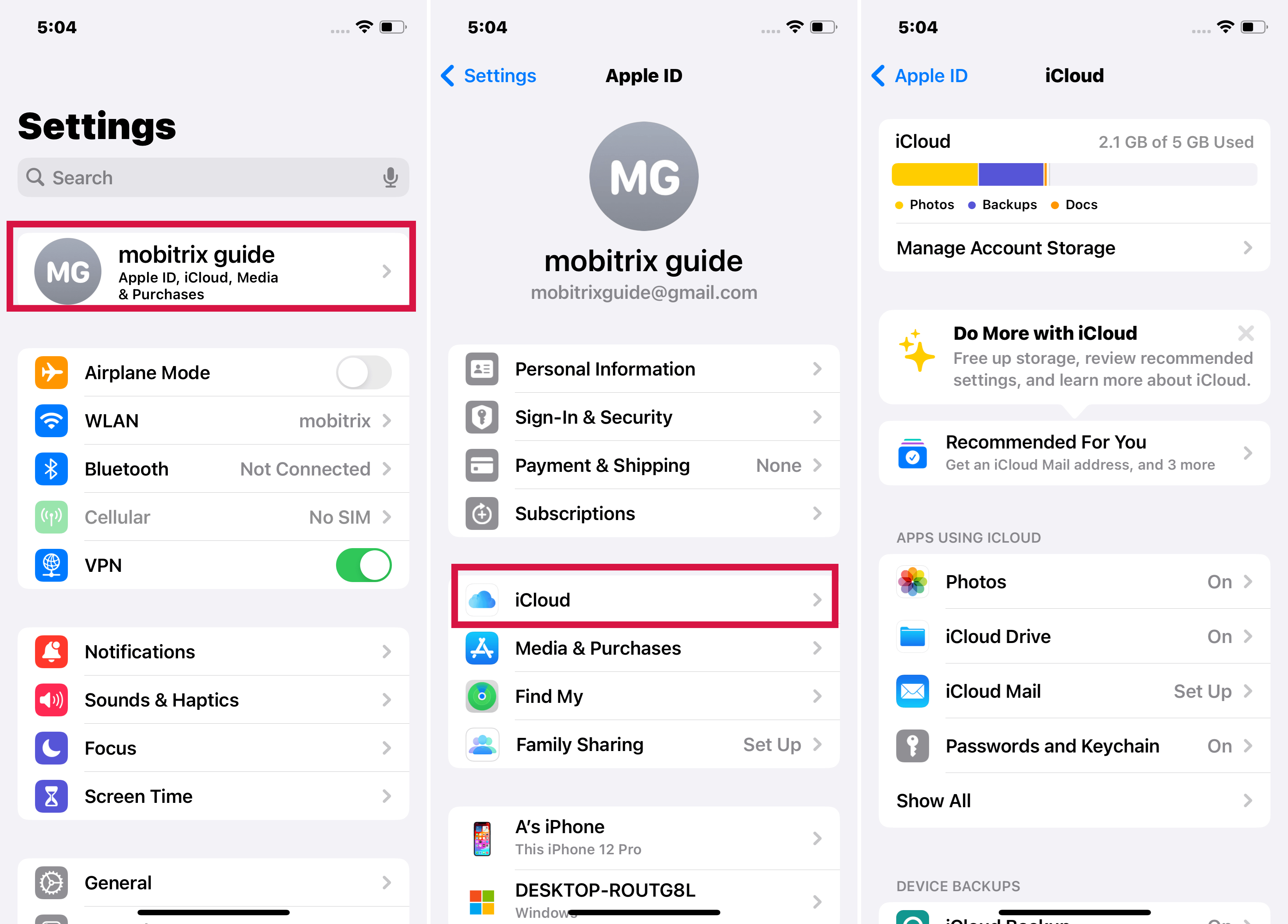 iCloud on iPhone Settings