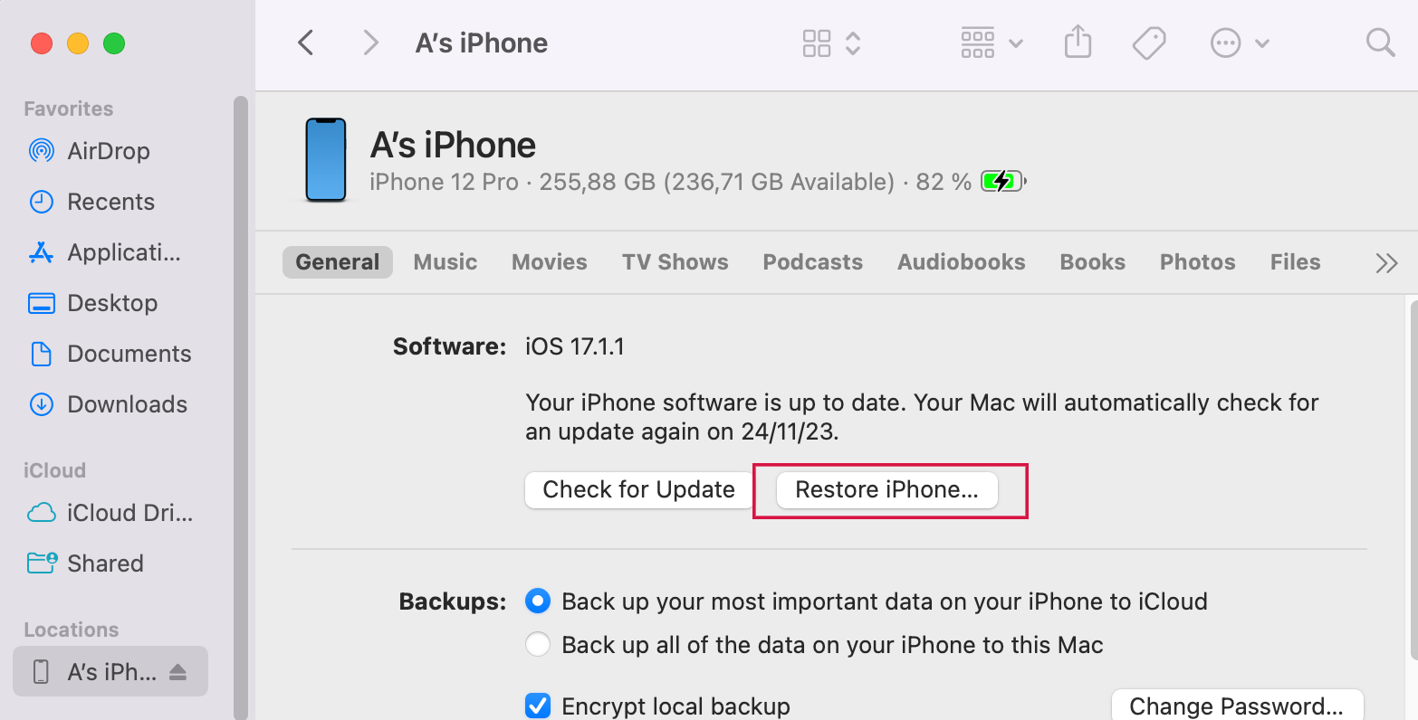 Restore iPhone via Finder