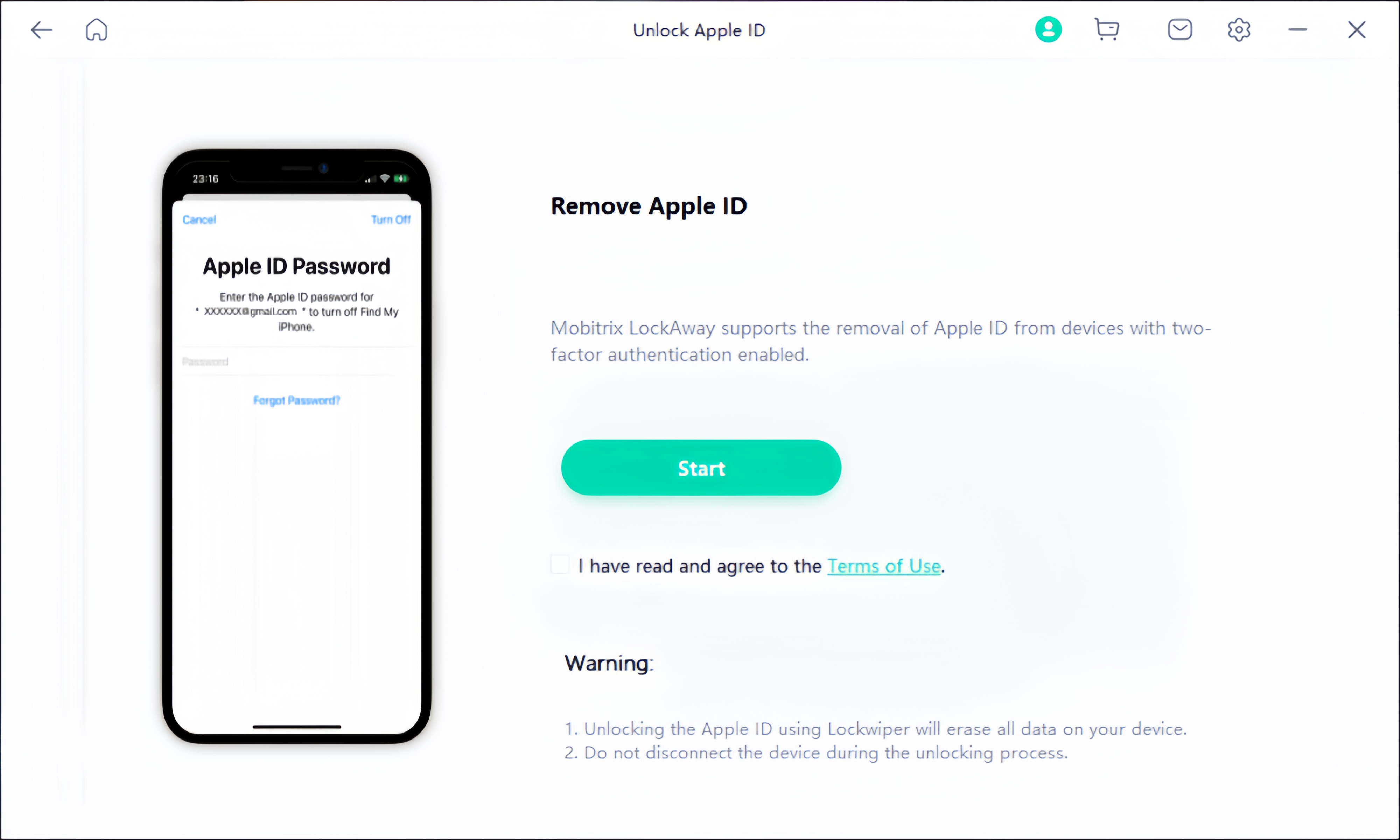 Mobitrix LockAway Unlock Apple ID Click Start to Remove