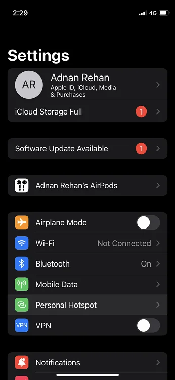 Select Personal Hotspot on Settings App